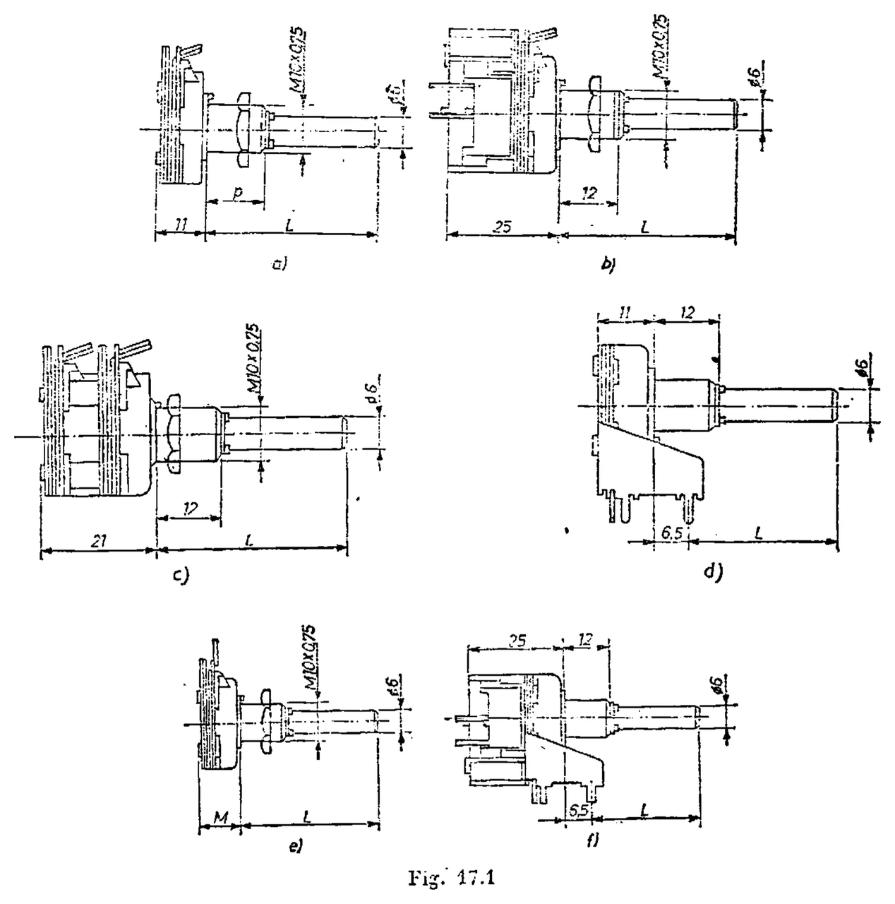 Electronica P rotary carbon-film potentiometers: Drawings (fig. 17.1 a…f)