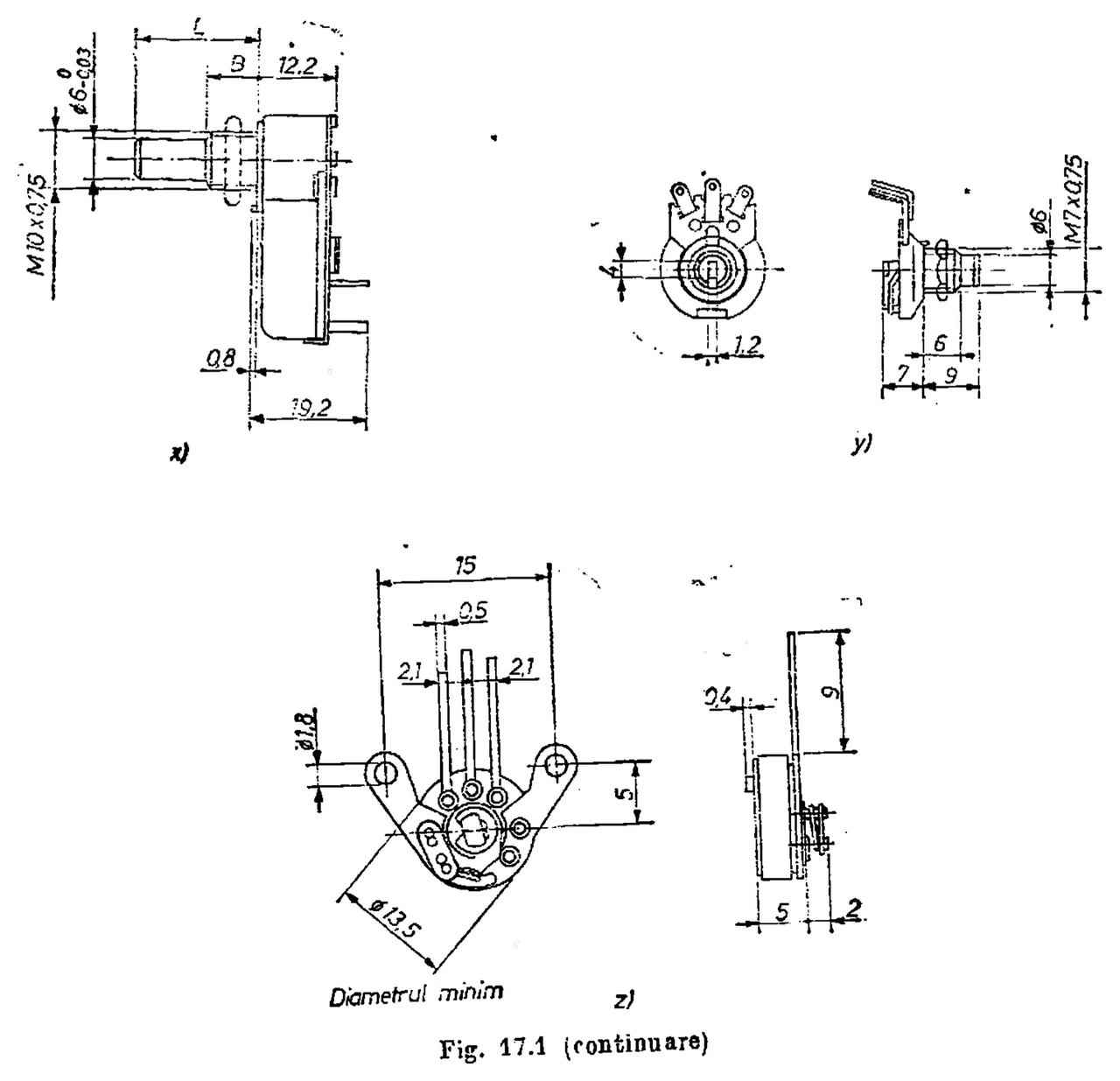 Electronica P rotary carbon-film potentiometers: Drawings (fig. 17.1 x…z)