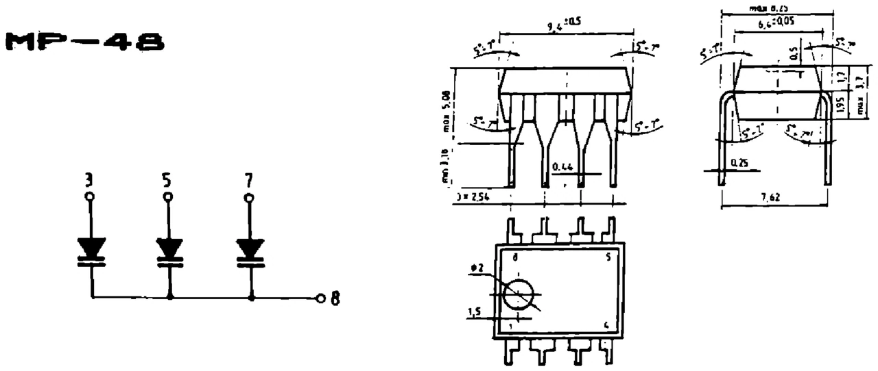 IPRS Băneasa βB113: MP-48 case outline, silicon diodes (dimensions in mm)