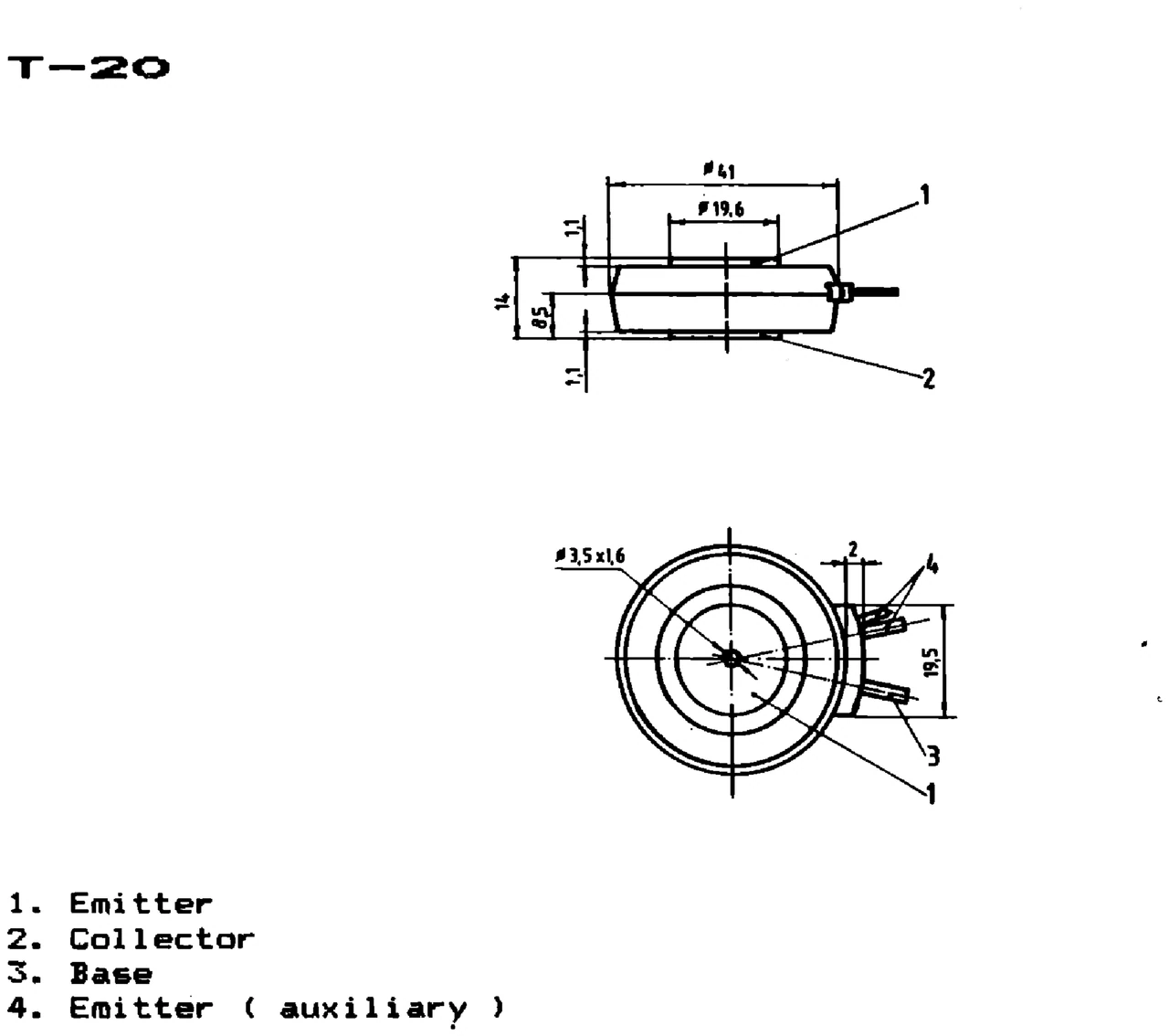 IPRS Băneasa GT100: T-20 case outline and terminals, silicon transistors (dimensions in mm)