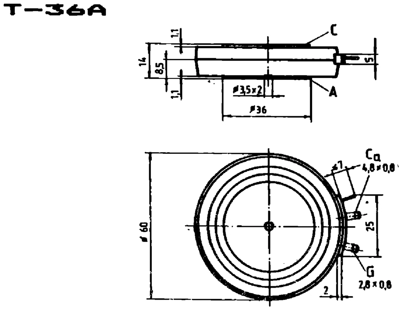 IPRS Băneasa T718N: T-36A case outline, thyristors and triacs (dimensions in mm)