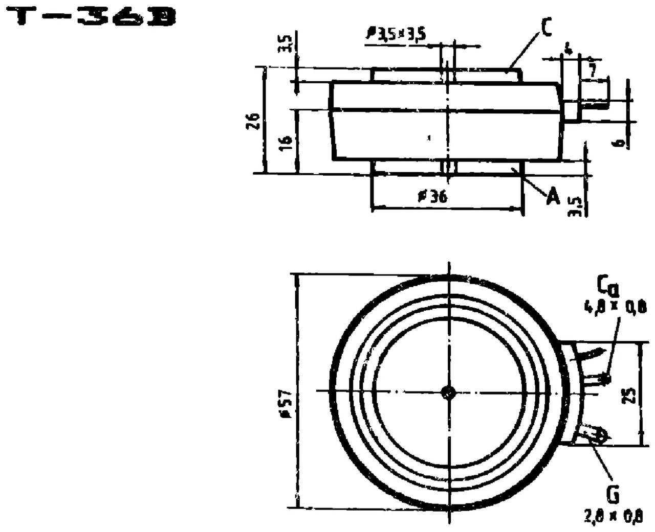 IPRS Băneasa T649N: T-36B case outline, thyristors and triacs (dimensions in mm)