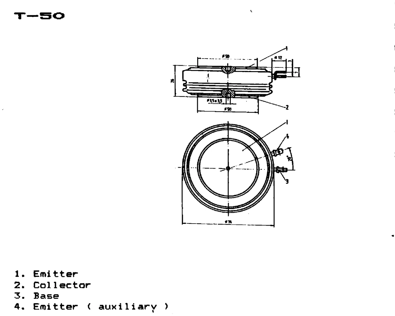 IPRS Băneasa GT400: T-50 case outline and terminals, silicon transistors (dimensions in mm)