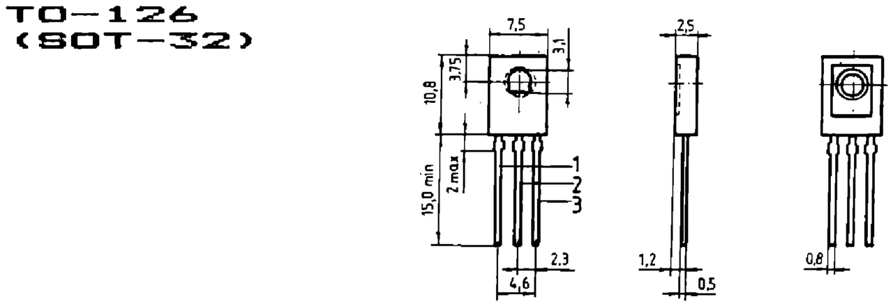 IPRS Băneasa βS053: TO-126 (SOT-32) case outline (dimensions in mm)