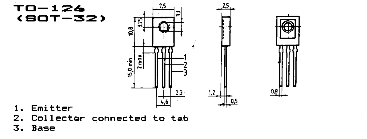 IPRS Băneasa BUX86: TO-126 (SOT-32) case outline and terminals, silicon transistors (dimensions in mm)