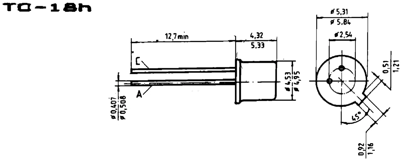 IPRS Băneasa DC2: TO-18h case outline, silicon diodes (dimensions in mm)