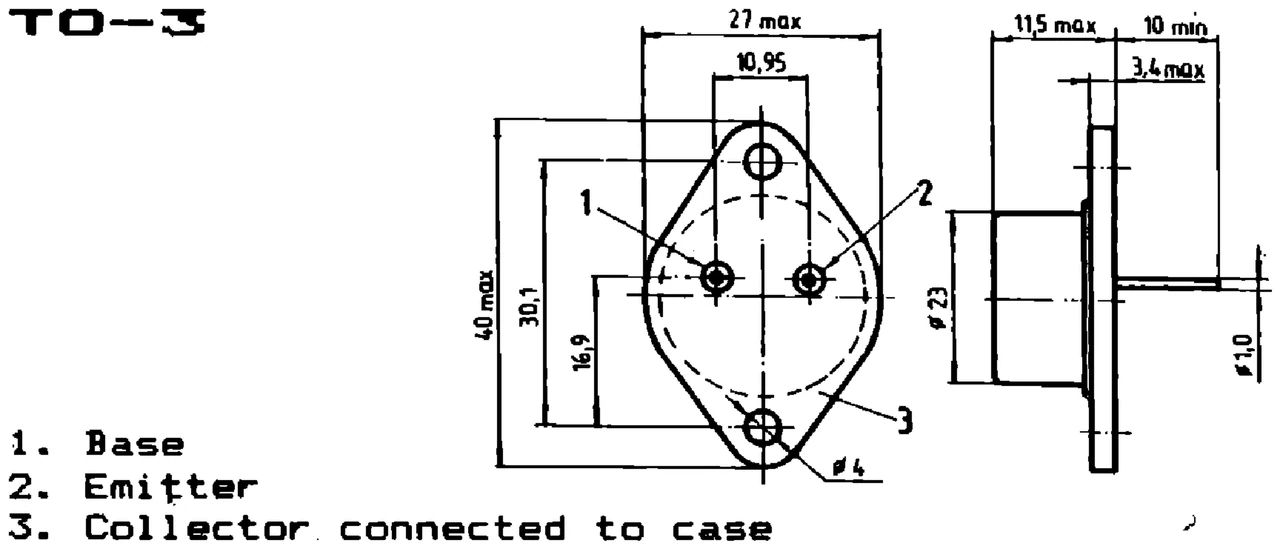 IPRS Băneasa TD367: TO-3 case outline and terminals, silicon transistors (dimensions in mm)