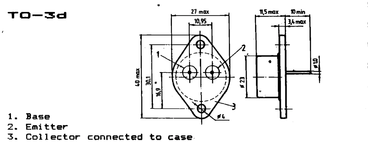 IPRS Băneasa BU932: TO-3d case outline and terminals, silicon transistors (dimensions in mm)