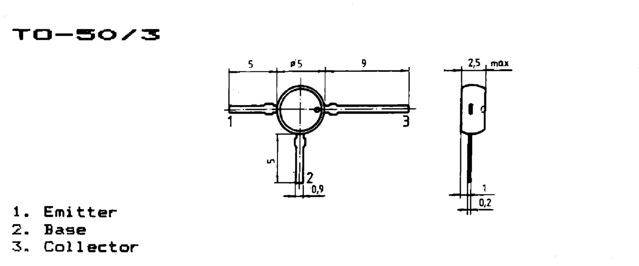 IPRS Băneasa BFW94: TO-50/3 case outline and terminals, silicon transistors (dimensions in mm)