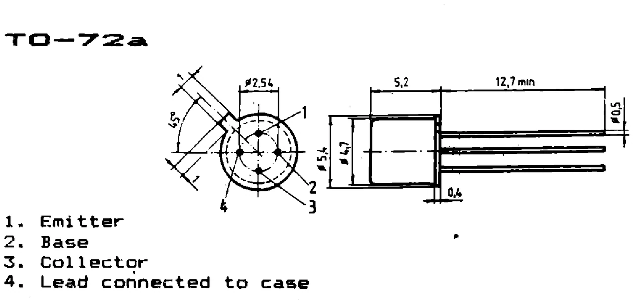 IPRS Băneasa 2N5835: TO-72a case outline and terminals, silicon transistors (dimensions in mm)