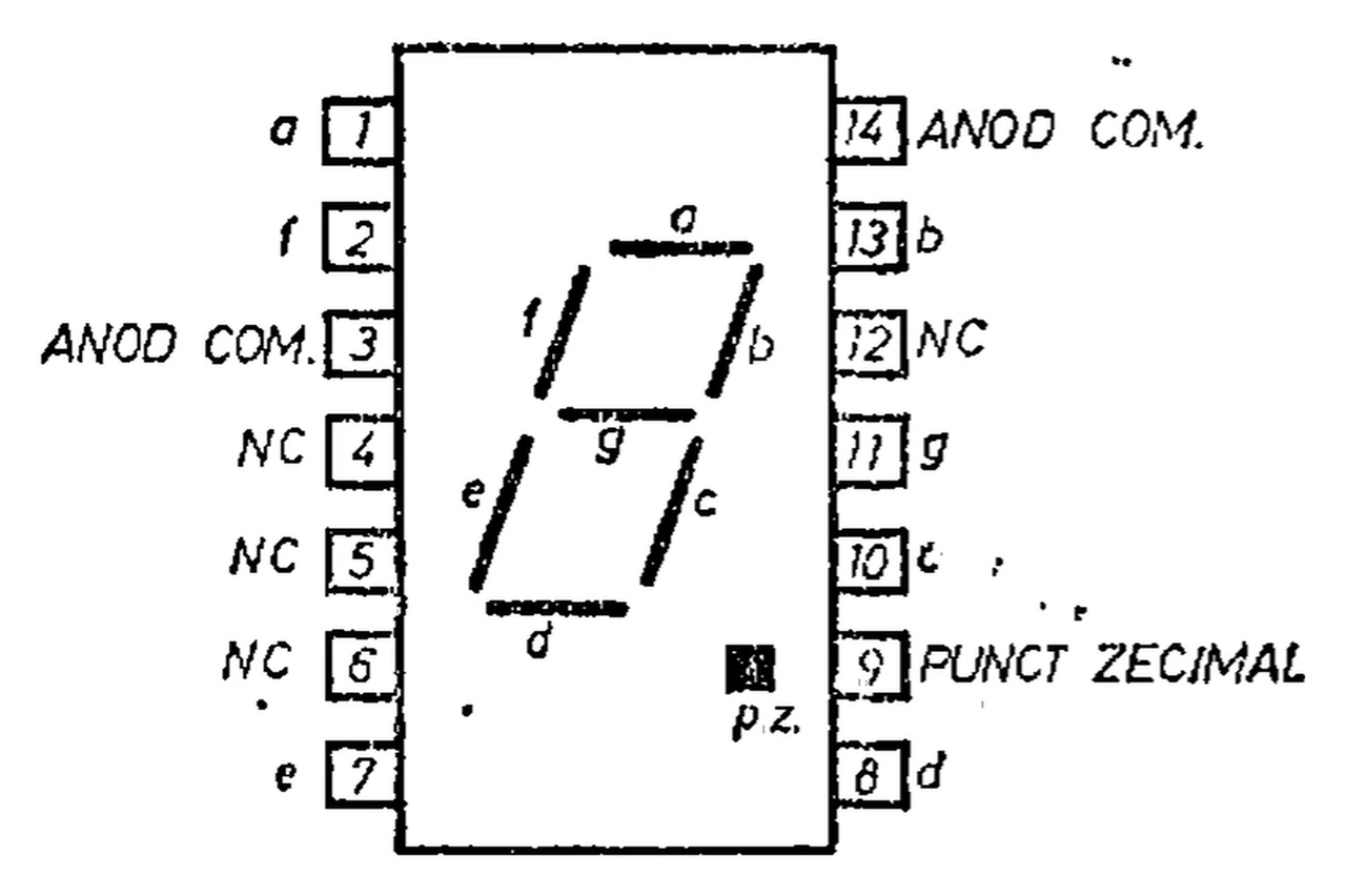 Microelectronica MDE2102: LED display pinout: 1 digit, common anode, decimal point on the right