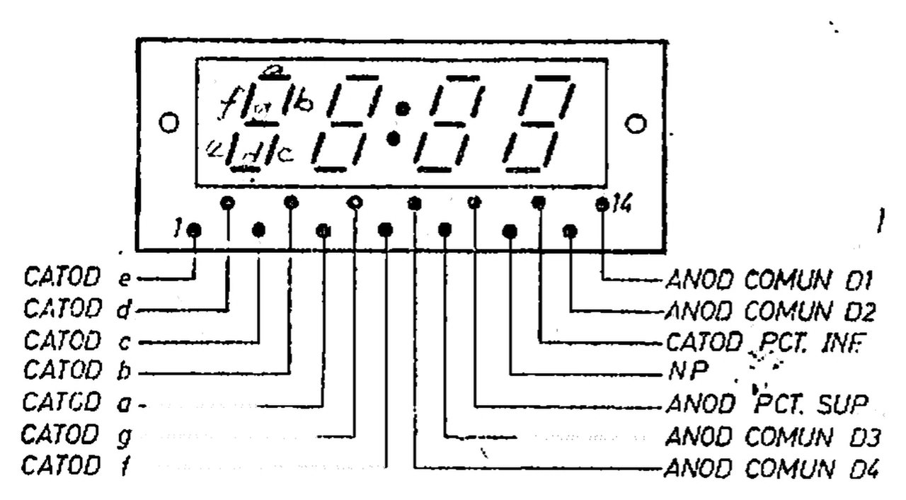 Microelectronica MDE2574: LED display pinout: 4 digits, common anode (handwritten segment letters on the first digit in the scan)